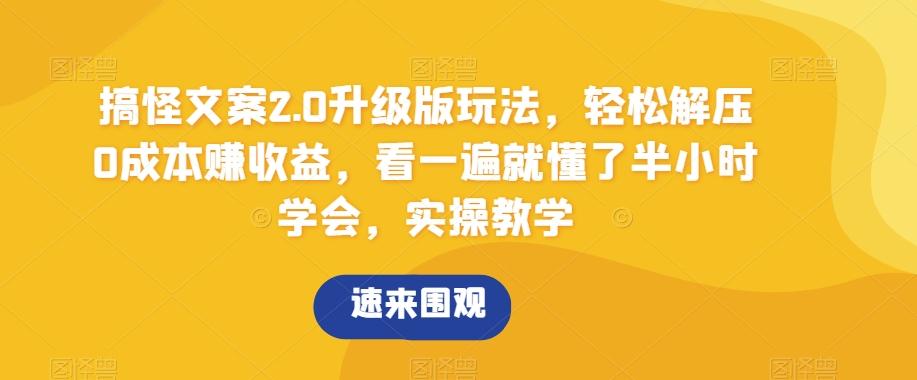 搞怪文案2.0升级版玩法，轻松解压0成本赚收益，看一遍就懂了半小时学会，实操教学【揭秘】-网创资源
