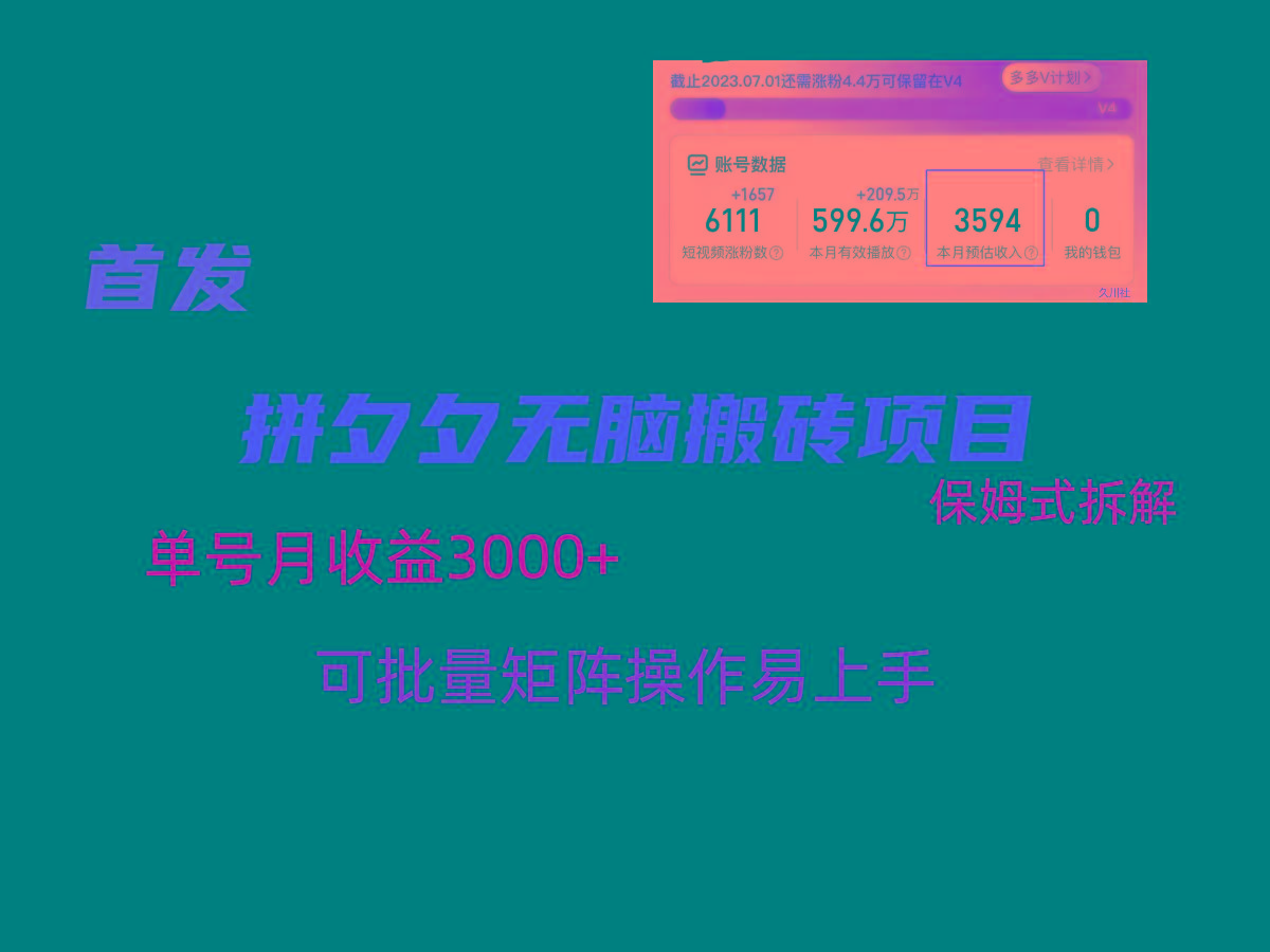 拼夕夕无脑搬砖，单号稳定收益3000+，保姆式拆解-网创资源