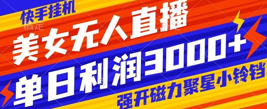 快手挂机，美女无人直播，强开磁力聚星小铃铛，日入3000+-网创资源